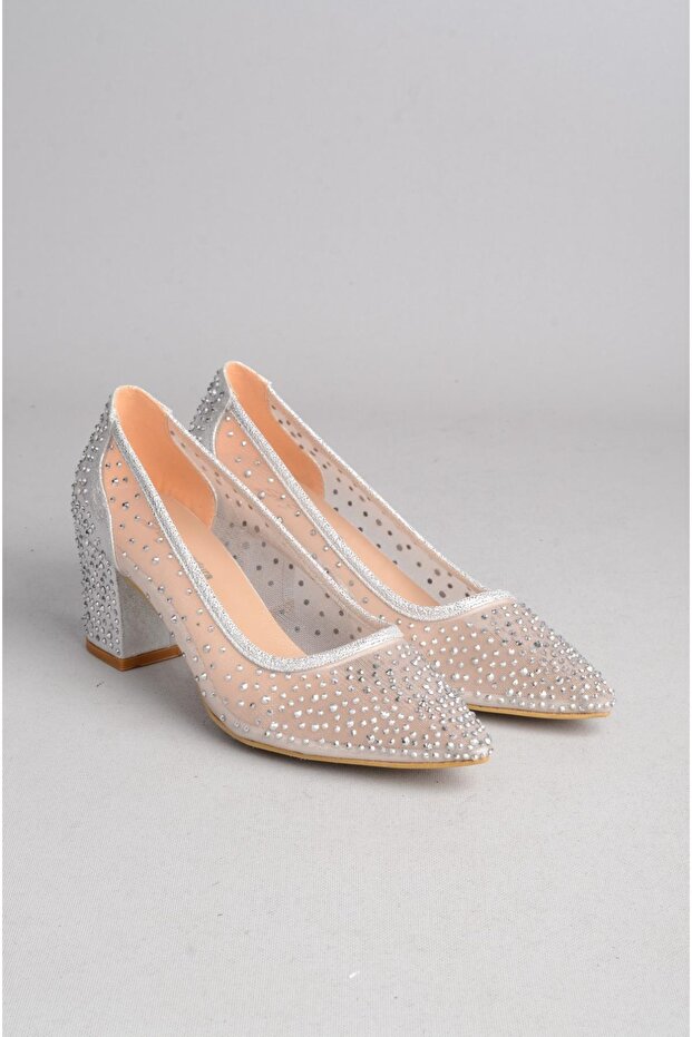 Seç 729 Stone Tulle Detail Stiletto (Heel Height: 6 cm) Silver