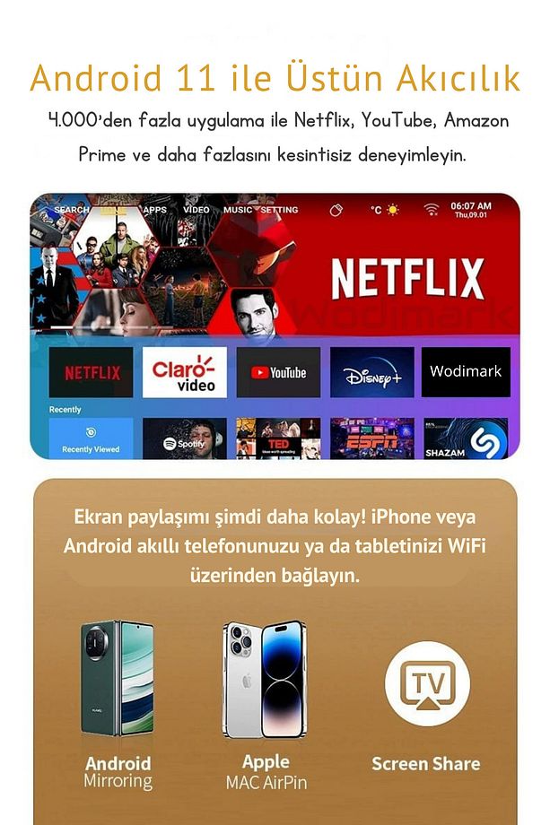 Şarjlı 4K Destekli Taşınabilir Ev Sinema Projeksiyonu – Android, WiFi, Bluetooth, 3D, 200 ANSI Lümen - 6