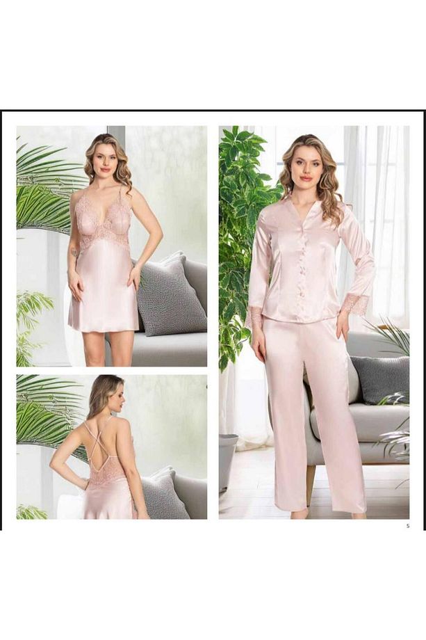 Kadın Pudra Saten Gecelik Sabahlık Pijama Takım Şort Takım 6'lı Set J.ER.3.R.O.Z6.0.E.L.T. - 2