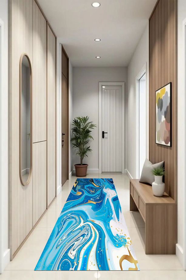 Mavi Ebruli Makinede Yıkanabilir Salon Halısı Yatak Odası Halısı & Yolluk Modelleri - 4