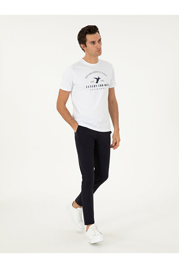 Navy Blue Slim Fit Elastic Waist Flexible Canvas Trousers 50306188-Vr033