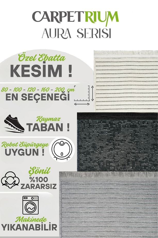 Aura Pixel Antrasit Grey- Pamuk Tabanlı Yıkanılabilir Şönil Kilim - 9