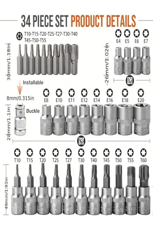 Lokma Takımı 34 Parça 3/8 1/4 Torx & E Lokma Set - 2