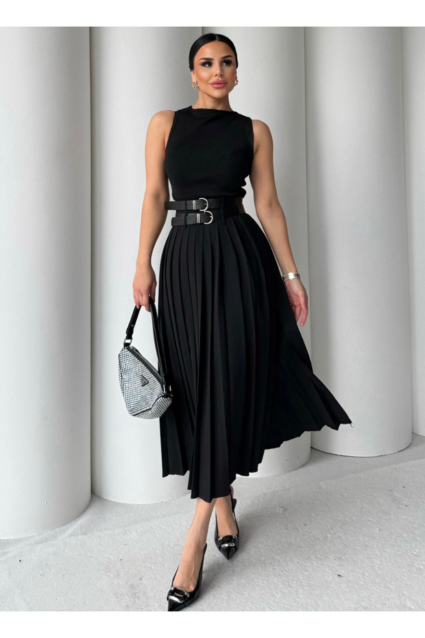 Cotton Double Belted Pleated Long Slit Skirt