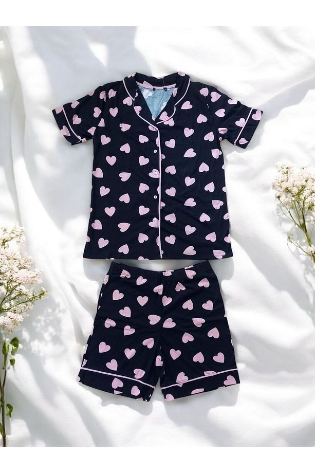 %100 Pamuk Düğmeli Kadın Şortlu Pijama Takımı - 2