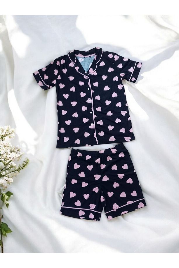 %100 Pamuk Düğmeli Kadın Şortlu Pijama Takımı - 1