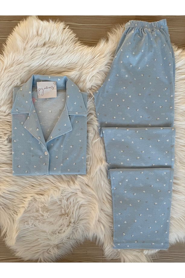 Mavi Mini Kalp Desenli Pamuklu Kısa Kol Gömlek Yaka Pijama Takımı - 1