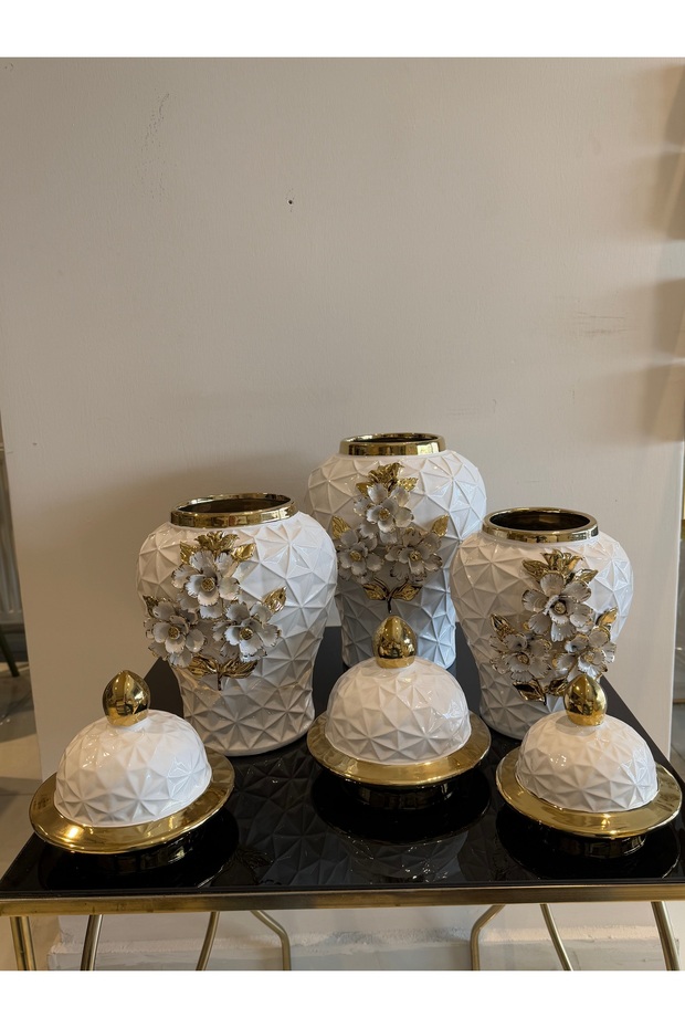 3lü çiçekli beyaz vazo - 2