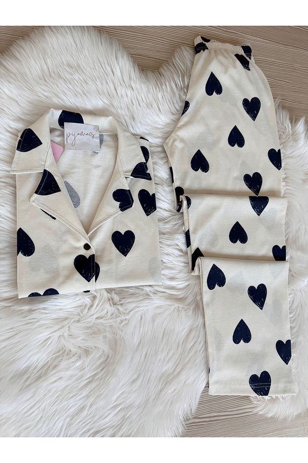 Lacivert Kalp Desenli Pamuklu Kısa Kol Gömlek Yaka Pijama Takımı - 3