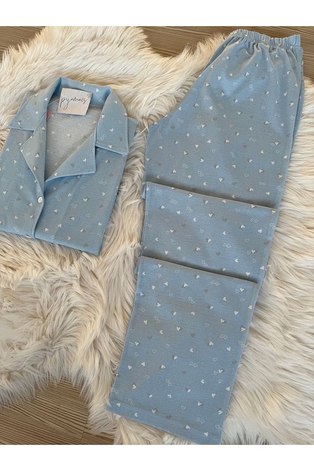 Mavi Mini Kalp Desenli Pamuklu Kısa Kol Gömlek Yaka Pijama Takımı - 4
