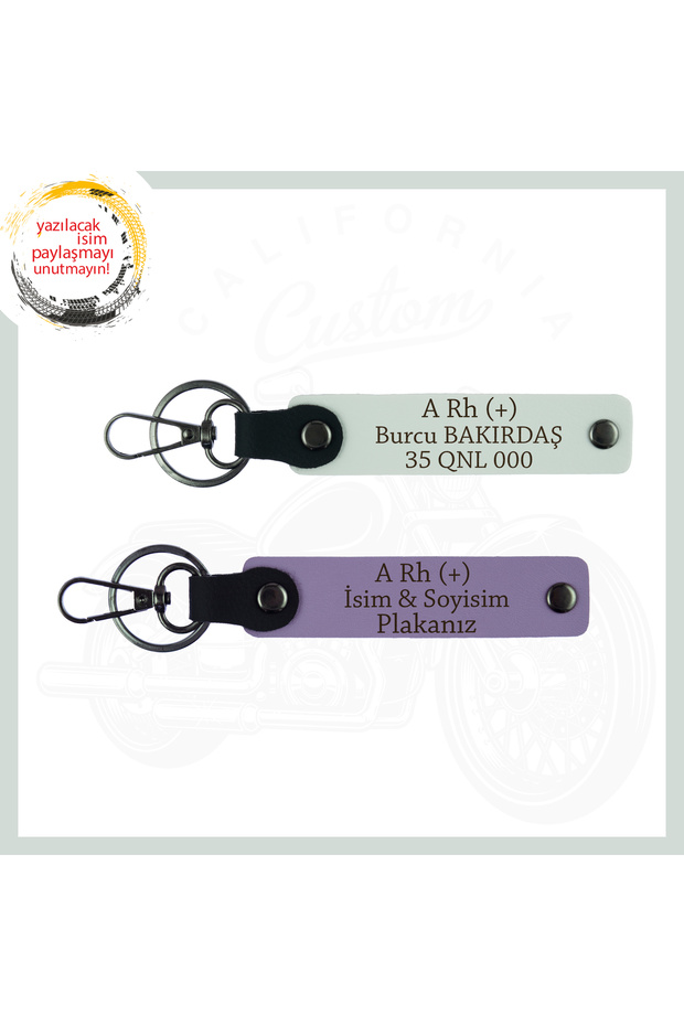 Purple Violet-White, Emergency Keychain Set with Name Plate and Blood Type Lettering for Motorcycle Lovers