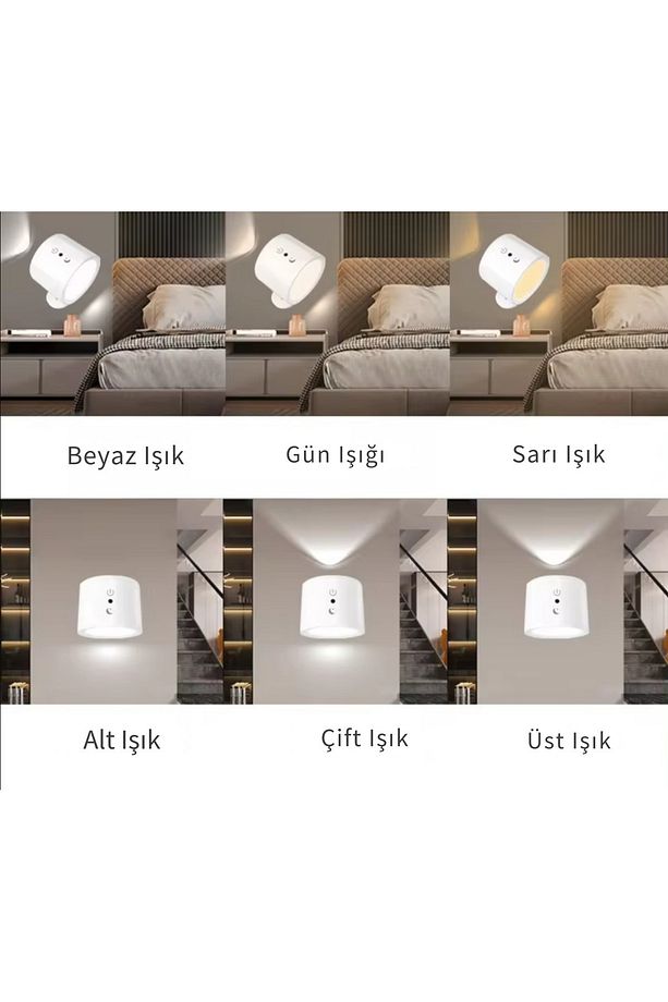 Led Kablosuz 360 Dönen Şarjlı Yatak Başı Çalışma Masası Ledli Duvar Aplik 3 Renk Işıklı Gece Lambası - 5