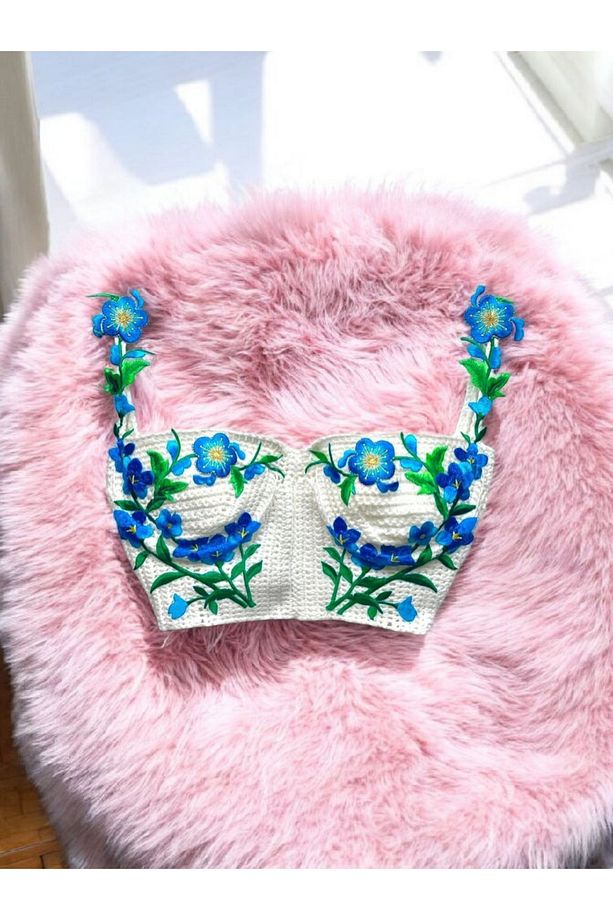 El Örgüsü Çiçek Detaylı Crop Büstiyer, Bikini Üstü ,Handmade bluz - 1