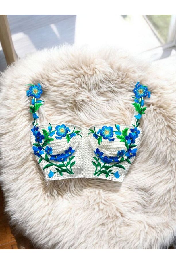 El Örgüsü Çiçek Detaylı Crop Büstiyer, Bikini Üstü ,Handmade bluz - 2