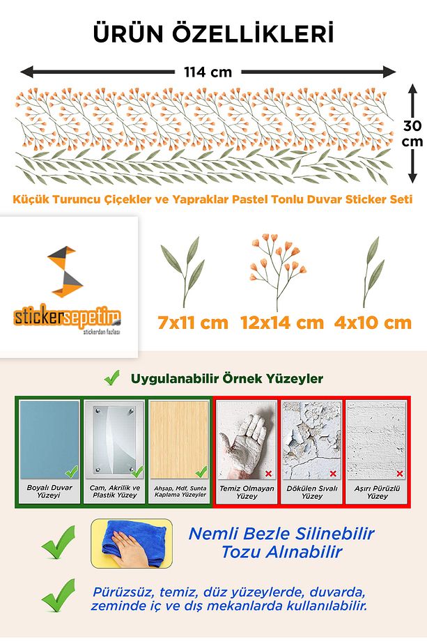 Küçük Turuncu Çiçekler ve Yapraklar Pastel Tonlu Duvar Sticker Seti - 2