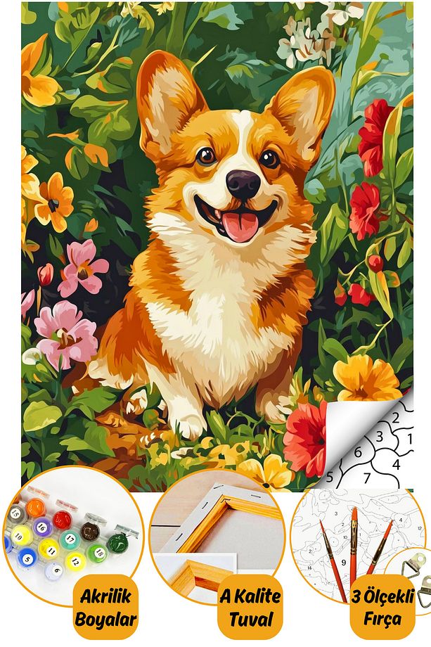 Sayılarla Boyama Numaralı Tuval Seti Fırça Boya Dahil 40x50cm Tatlı Köpek - 1