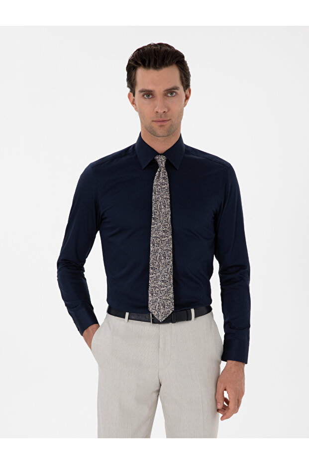 Navy Blue Slim Fit Cotton Classic Shirt 50311551-Vr033