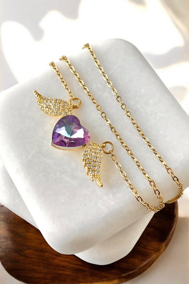 Angel Wings Heart Themed Zircon Stone 316L Steel Necklace Gold
