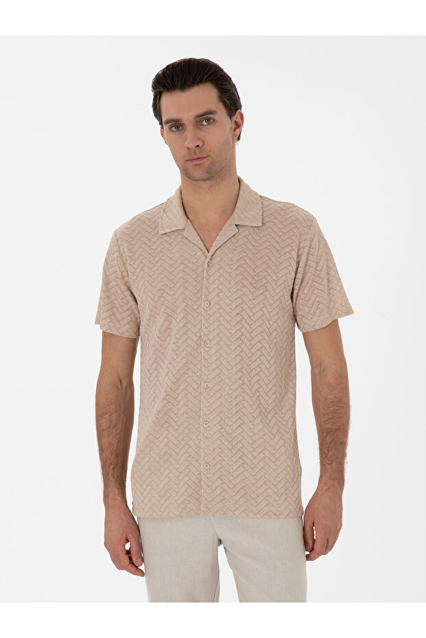 Beige Regular Fit Apaş Collar Knitted Shirt 50306181-Vr011