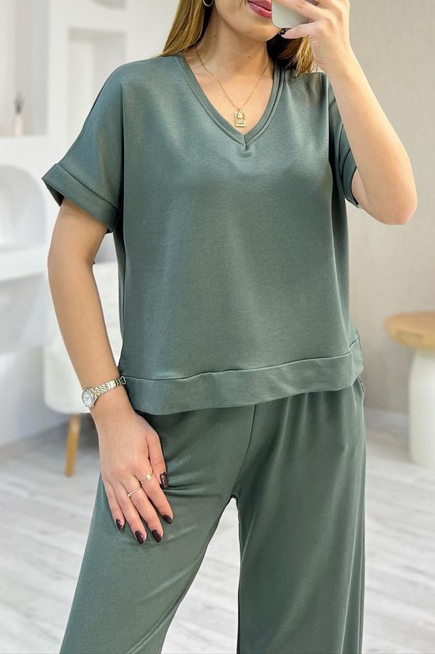 Yumuşak Doku Modal Kumaş Rahat Kesim V Yaka Eşofman Takımı - 4