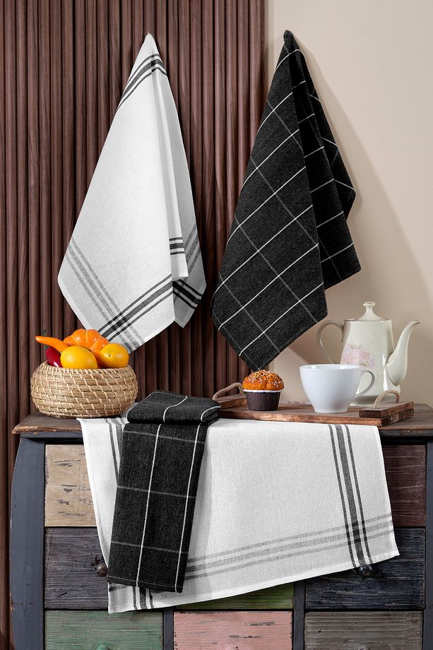 4'lü Mutfak Havlusu Seti & Alman Peçetesi 50x70 Cm % 100 Pamuk Ve Yıkanmış Büyük Kareli - 1