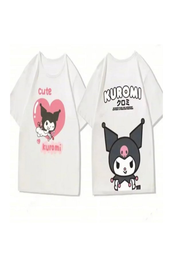 White Sanrio Kuromi Kawaii Love Heart Front/Back Printed Oversize T-Shirt -Mingalondon