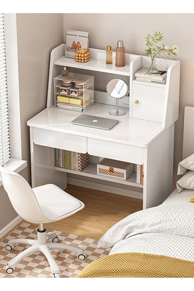 مكتب دراسة وكمبيوتر مع مساحة تخزين، أبيض، 100*48*109 سم - 1