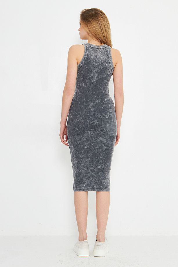 Yıkanmış Gri Midi Halter Yaka Kaşkorse Elbise - 3