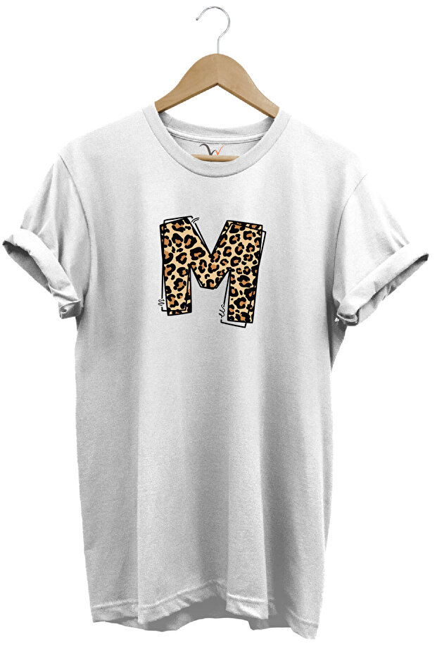 Leopard Patterned Birthday Gift Letter m Printed 100% Cotton Regular Fit Crew Neck T-Shirt