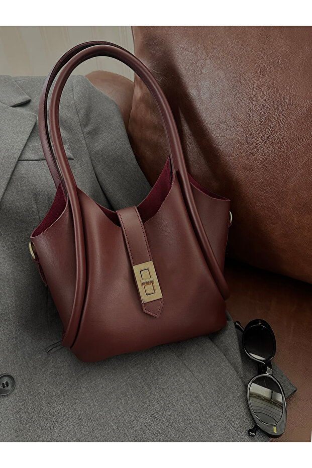 Women's Long Strap Shoulder and Crossbody Bag with Burgundy Mini Lock Detail Makeup Bag