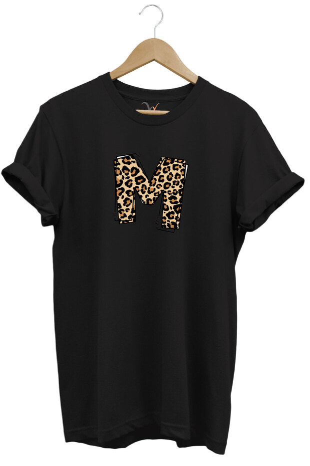 Leopard Patterned Birthday Gift Letter m Printed 100% Cotton Regular Fit Crew Neck T-Shirt