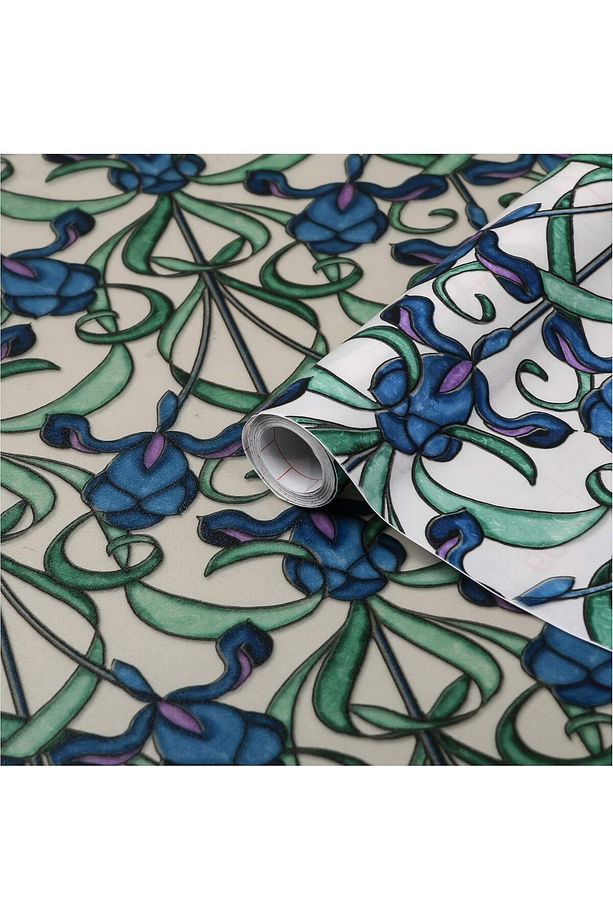 176-0616 Mavi Yeşil Motif Yapışkanlı Cam Vitray Folyo (45 CM X 1 MT) - 1