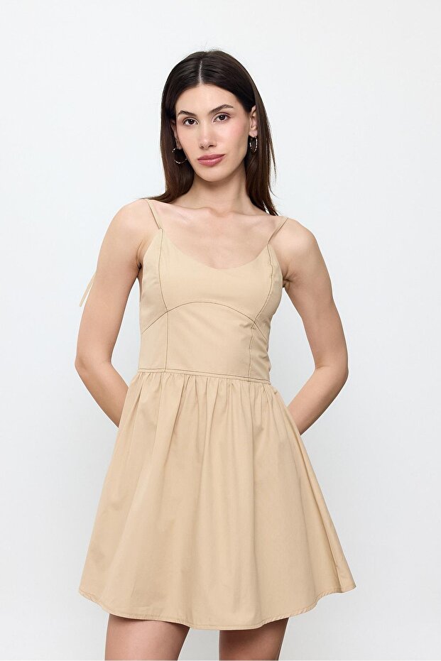 Bej %100 Cotton Mini Elbise - 2