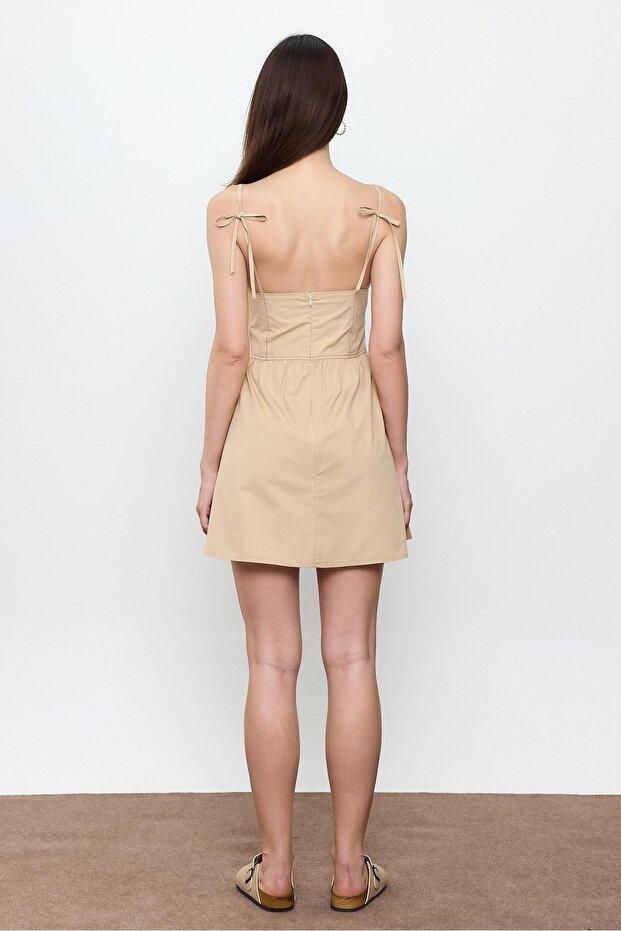 Bej %100 Cotton Mini Elbise - 4