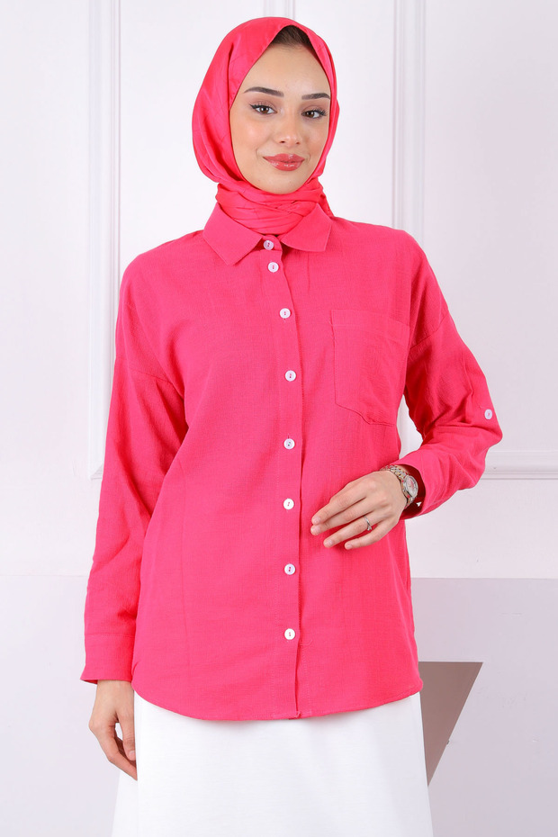 Fuchsia Sleeve Folded Buttoned Linen Shirt