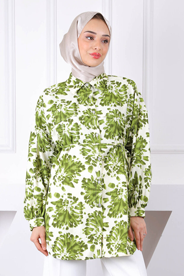 قميص بأزرار منقوشة باللون الكاكي - 1