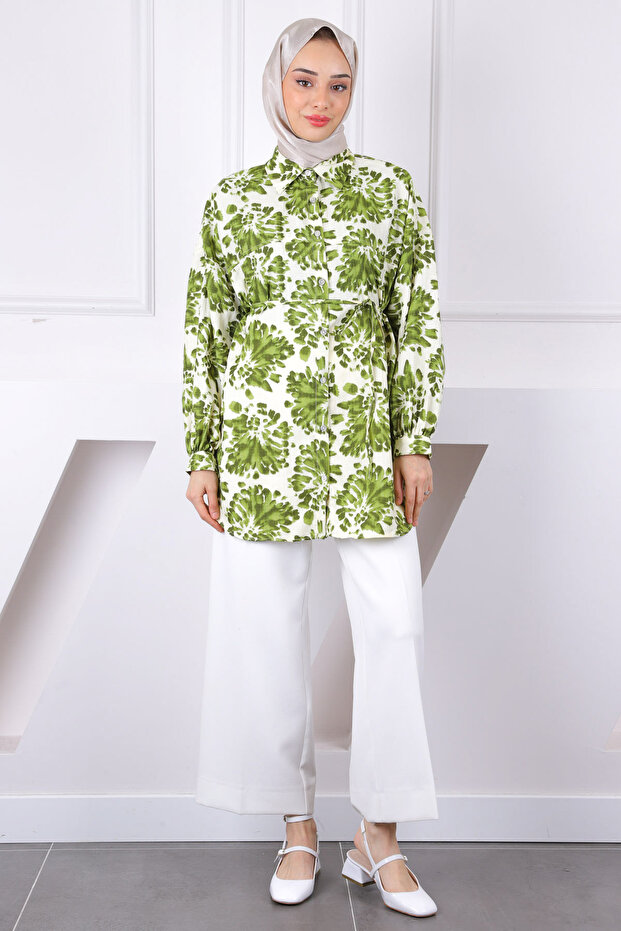 قميص بأزرار منقوشة باللون الكاكي - 2