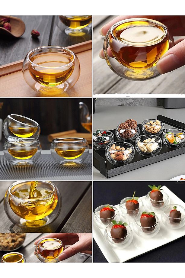 6 Adet Düz Desenli | Borosilikat Cam Sosluk Kahve Yanı Lokumluk - Çift Cidarlı Mini Sosluk 50 ML - 1