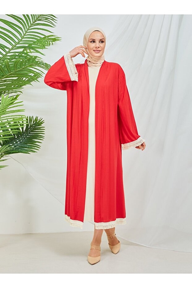 Kimono with Straw Sleeves and Hemlines - Red - Sahra Butique
