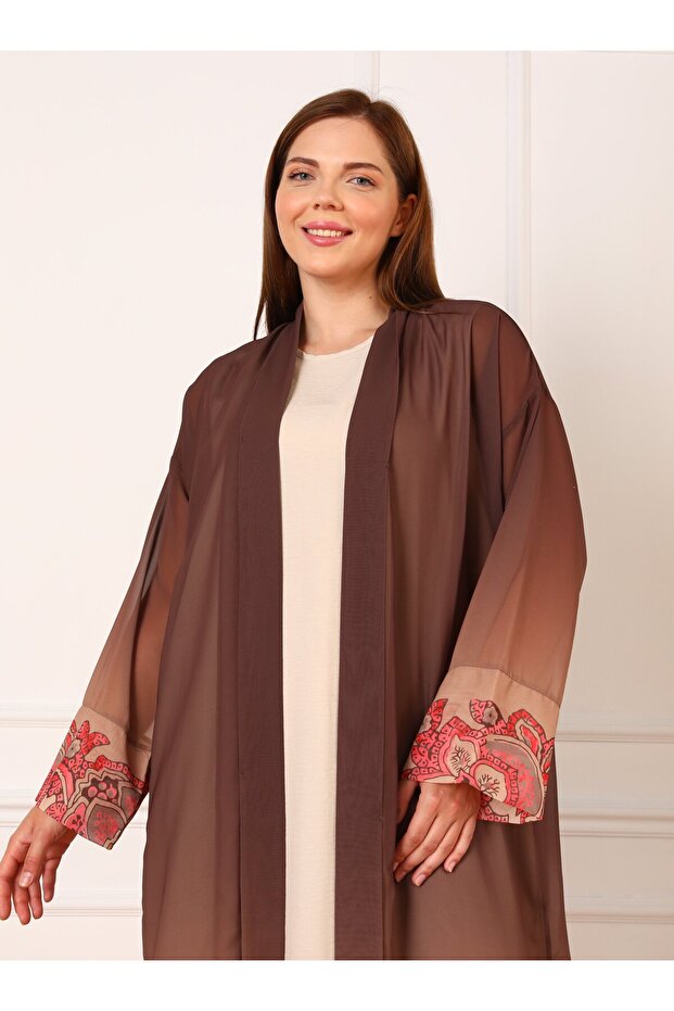 طقم شيفون مقاس كبير - نمط متدرج، بني، أليا - 3