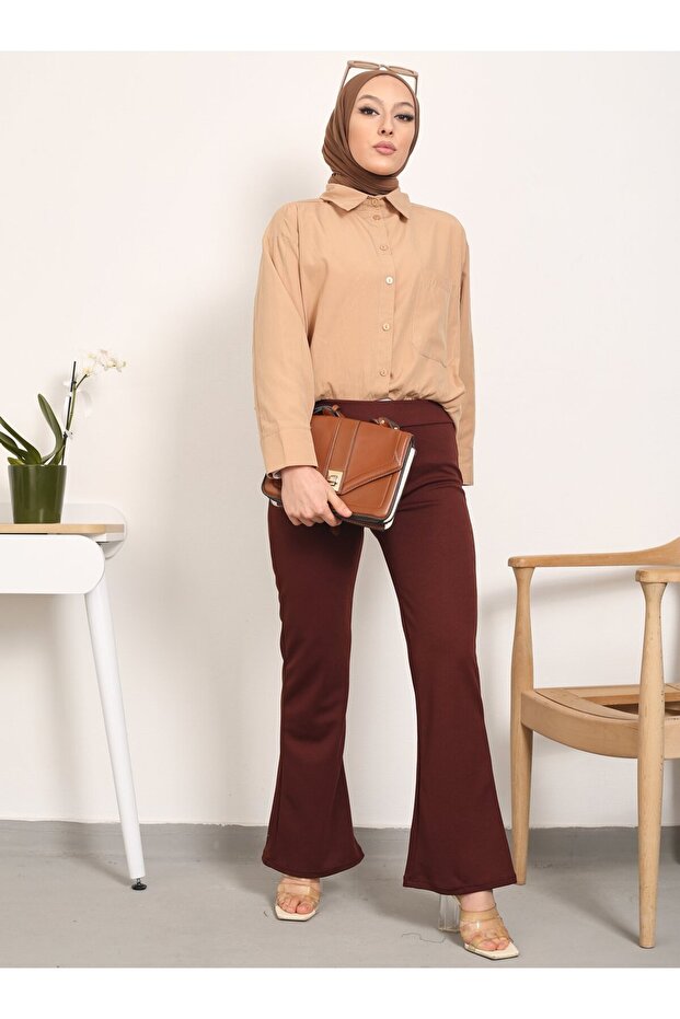 بنطلون بني فاتح بأرجل واسعة - Vav - 1