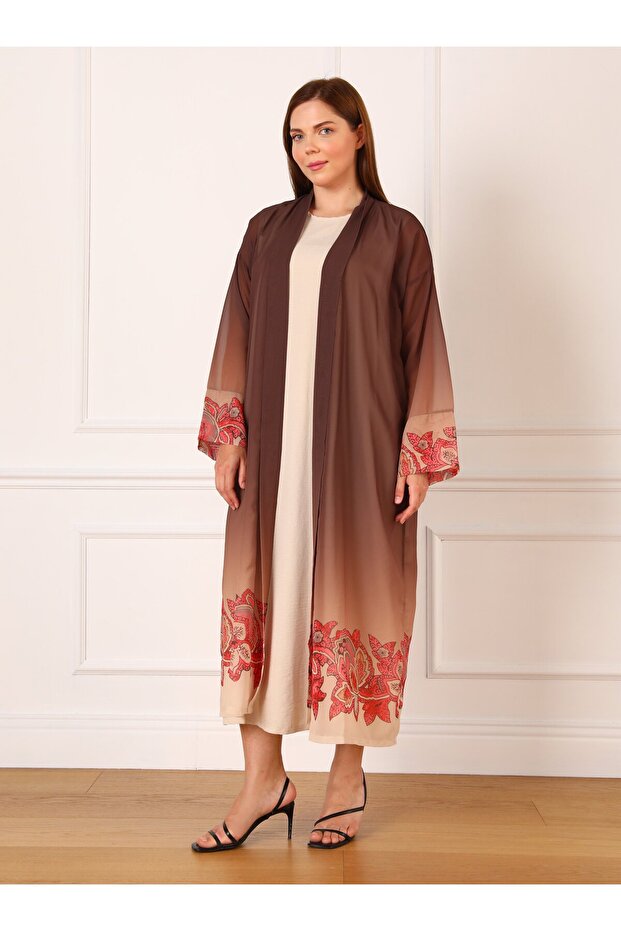 طقم شيفون مقاس كبير - نمط متدرج، بني، أليا - 2