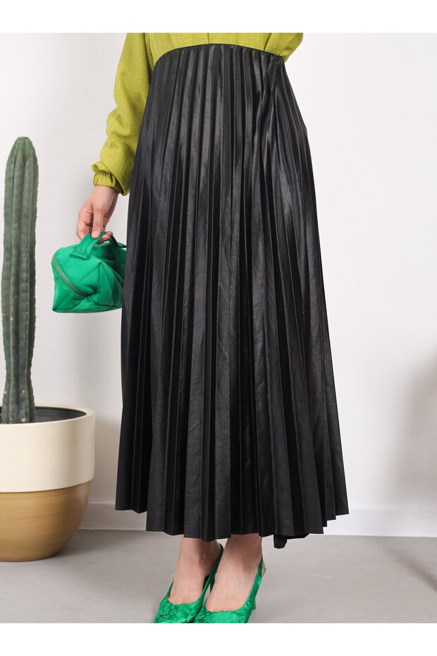 Deri Dik Pliseli Etek - Siyah - Vav - 5