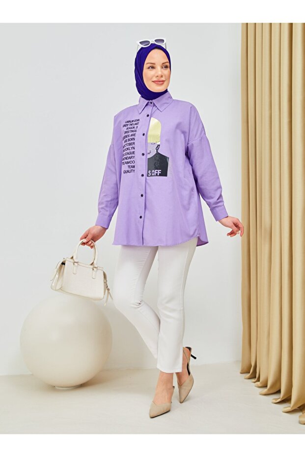 Embroidery and Stone Printed Tunic - Lilac - Sahra Butique