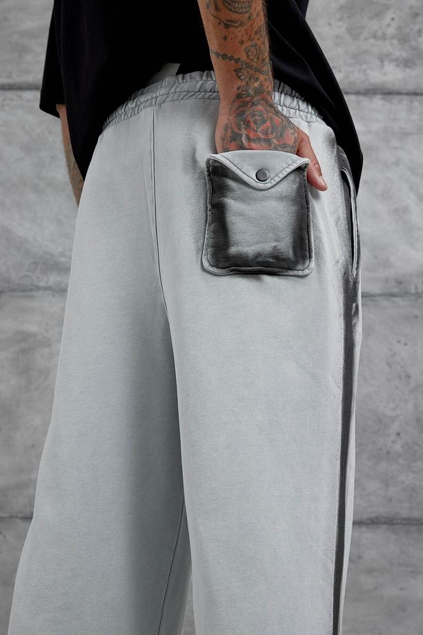 Gri Paça Lastikli Yıkamalı Baggy Eşofman Altı - 6
