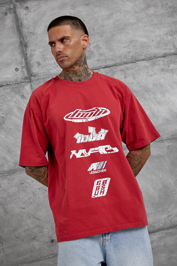 Red Lesschen Printed Washed Oversize Tshirt - 2