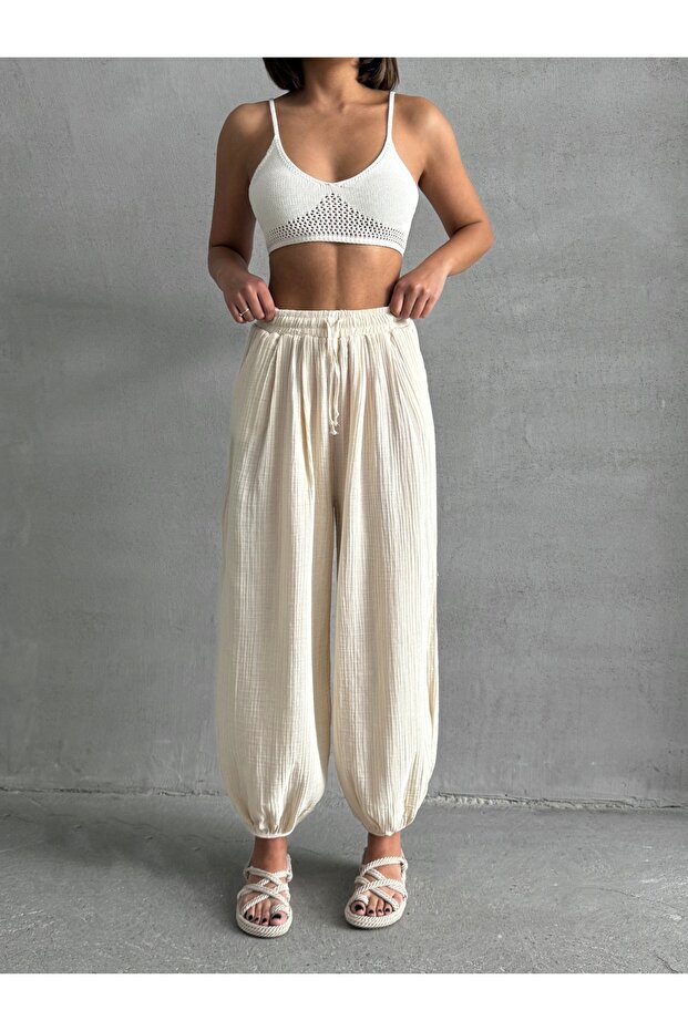 Women's Beige Pocket Muslin Fabric Shalwar Trousers
