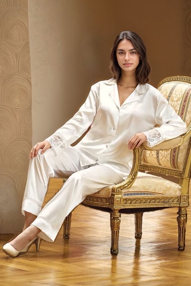 Kadın Ekru 6'lı Çeyiz Seti Gecelik Sabahlık Şortlu Takım ve Pijama Takım - 4