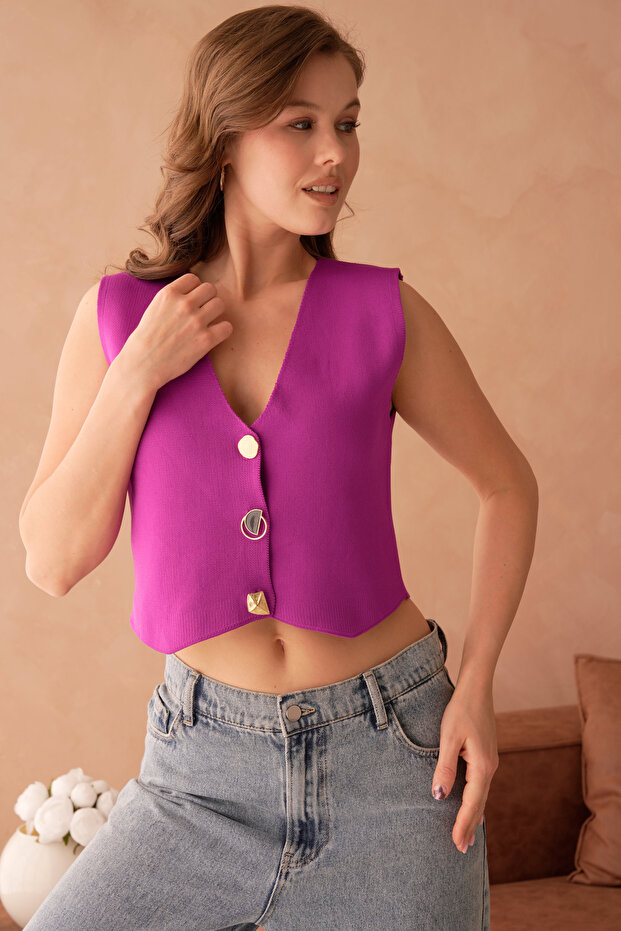 Women's Stretchy Knitwear Fabric Stylish Button Design Purple Basic Crop Vest 9902