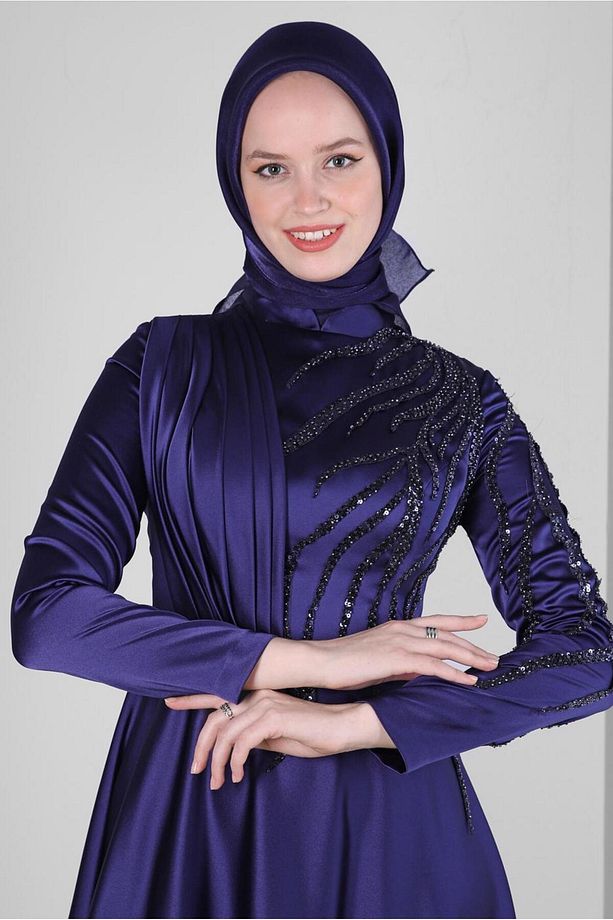 TAŞ İŞLEMELİ DRAPE DETAYLI ABİYE ELBİSE 50352 - 2